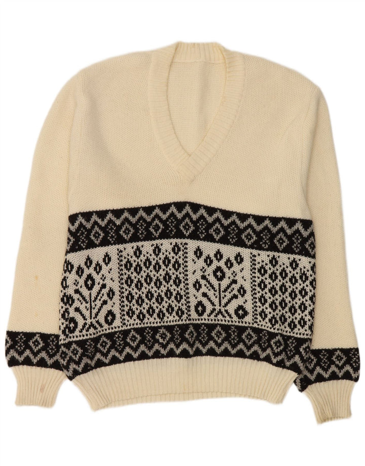 Maglione vintage da uomo con scollo a V bianco medio geometrico