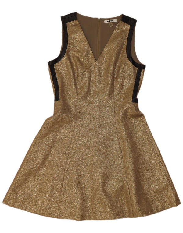Abito a trapezio senza maniche da donna Dkny US 6 Viscosa chiazzata oro medio