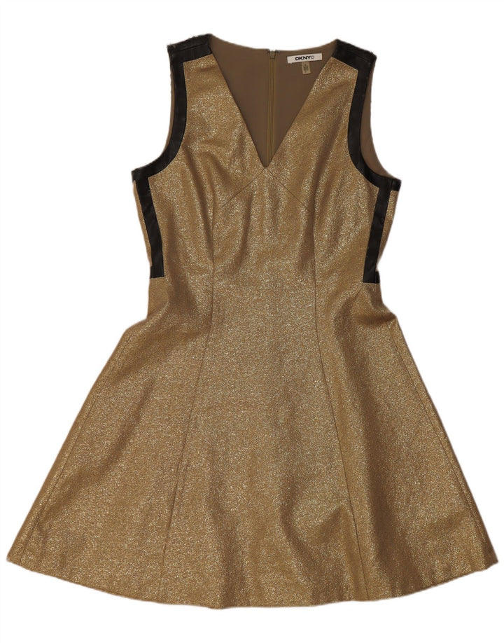 Abito a trapezio senza maniche da donna Dkny US 6 Viscosa chiazzata oro medio