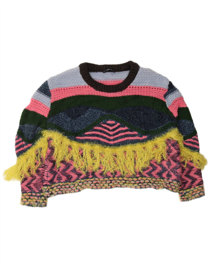 ZARA Womens Crop Crew Neck Jumper Sweater UK 14 Medium Multicoloured
