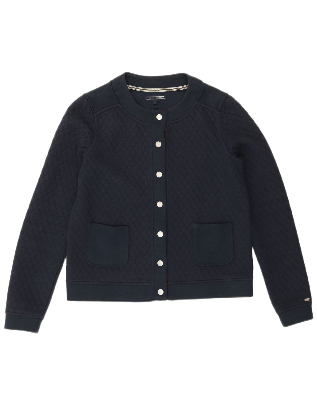 TOMMY HILFIGER Top cardigan corto da donna vestibilità ampia UK 10 piccolo blu navy