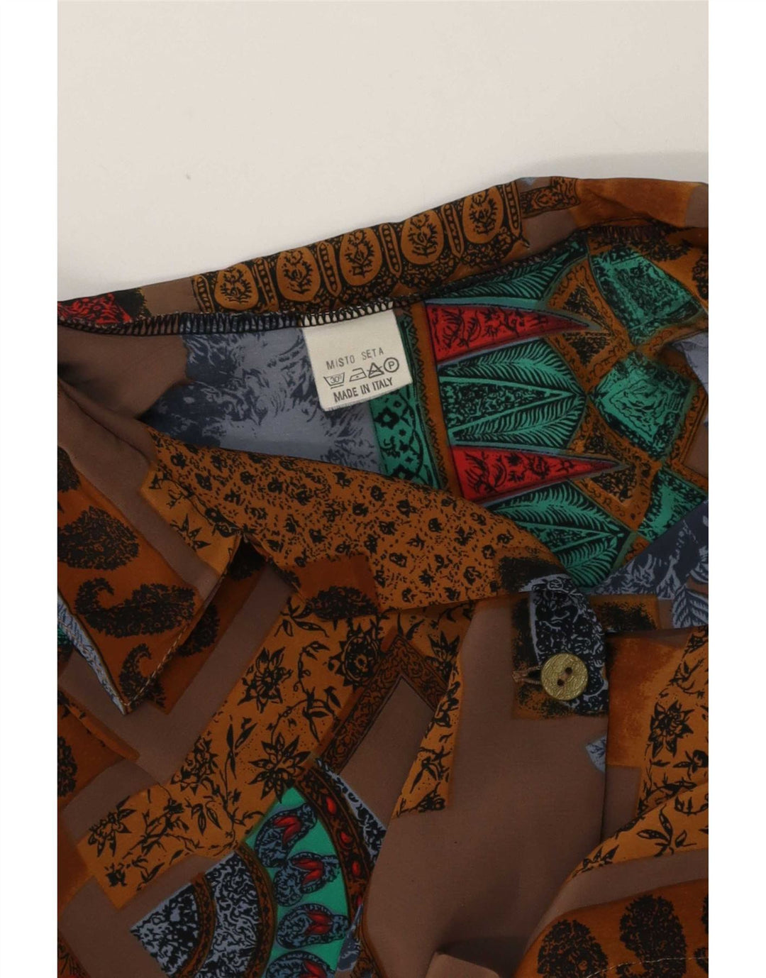 Camicetta camicia a maniche corte da donna vintage UK 20 2XL Seta patchwork marrone