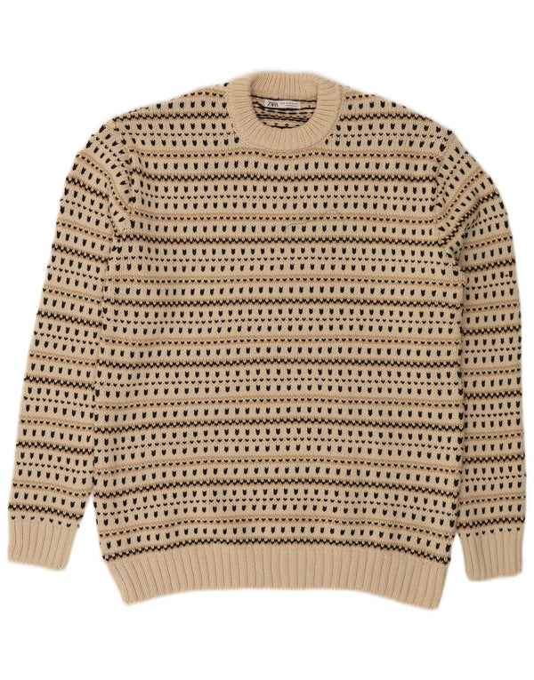 Maglione girocollo da uomo Zara in cotone a righe beige medio