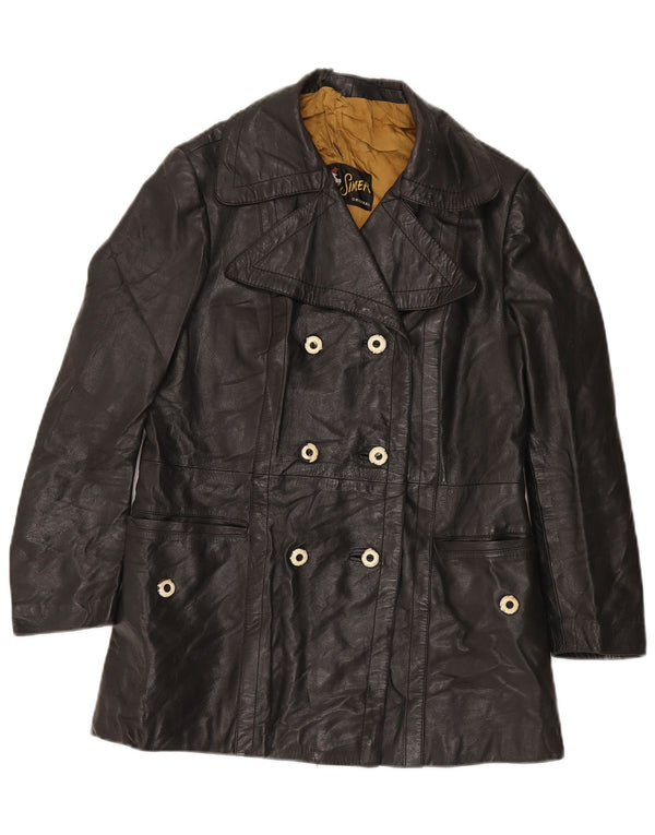 Giacca in pelle doppio petto da donna VINTAGE UK 12 media nera