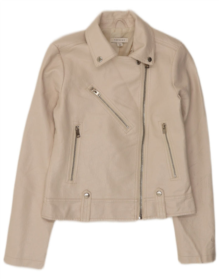 Giacca da motociclista da donna in ecopelle Topshop UK 8 piccola in poliuretano bianco sporco