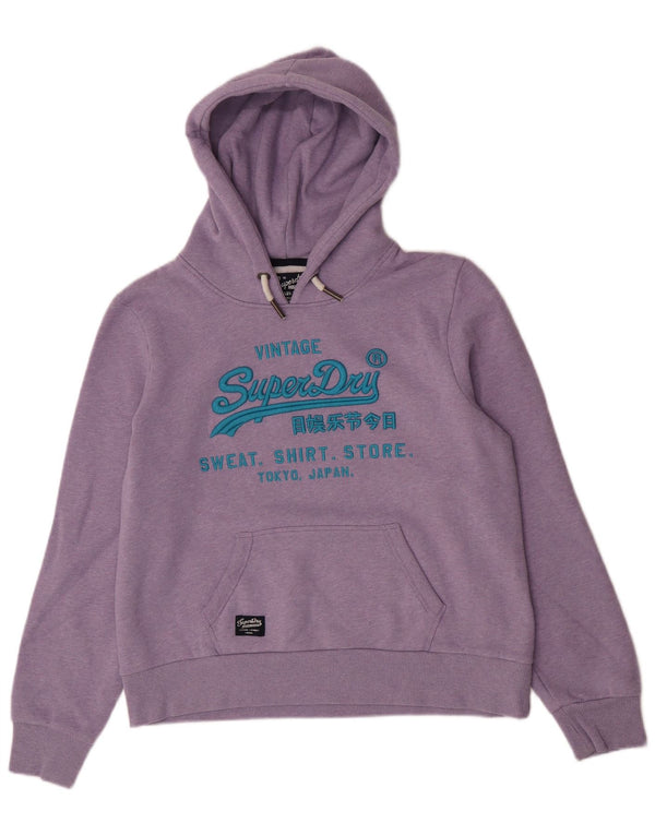 Felpa con cappuccio grafica da donna Superdry UK 16 grande cotone chiazzato viola