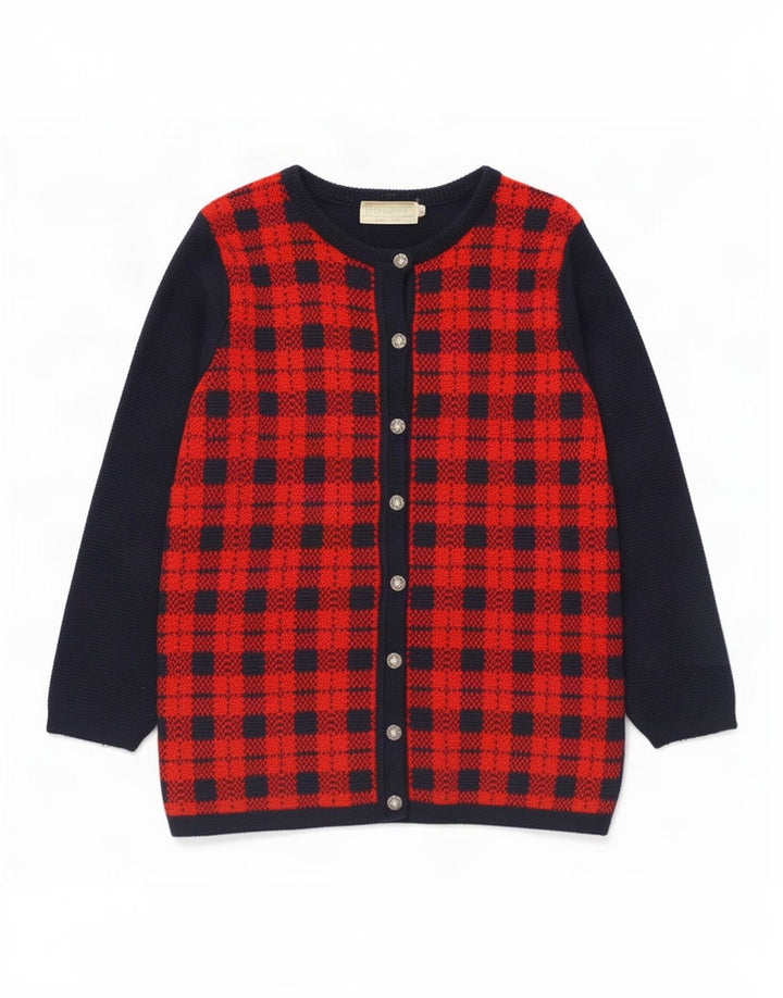 Maglione cardigan da donna di Edimburgo UK 14 Lana a quadri blu navy medio