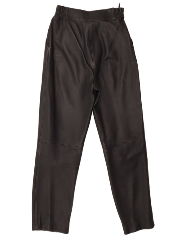 Pantaloni vintage da donna in pelle con ancoraggi IT 40 piccoli W26 L29 in pelle nera