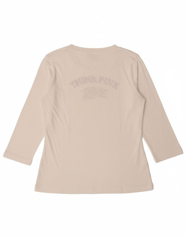 THINK PINK Womens Graphic Top 3/4 Sleeve UK 12 Medium White Cotton
