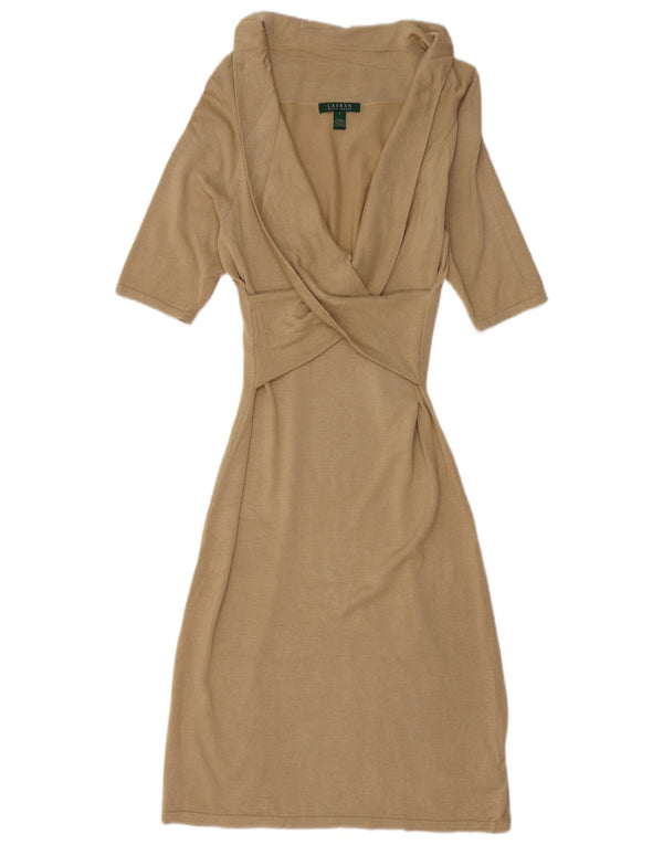 RALPH LAUREN Abito maglione da donna a mezza manica UK 10 Piccolo Beige Seta