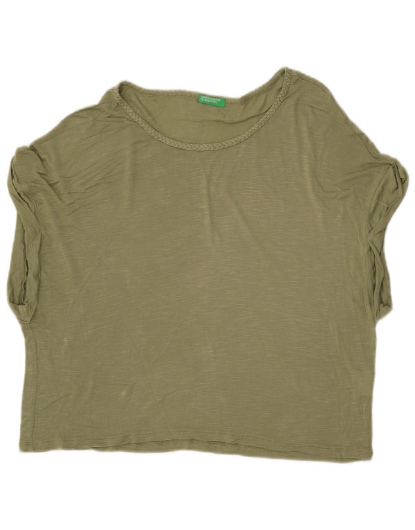 BENETTON T-shirt corta oversize da donna Top UK 6 XS Viscosa screziata kaki