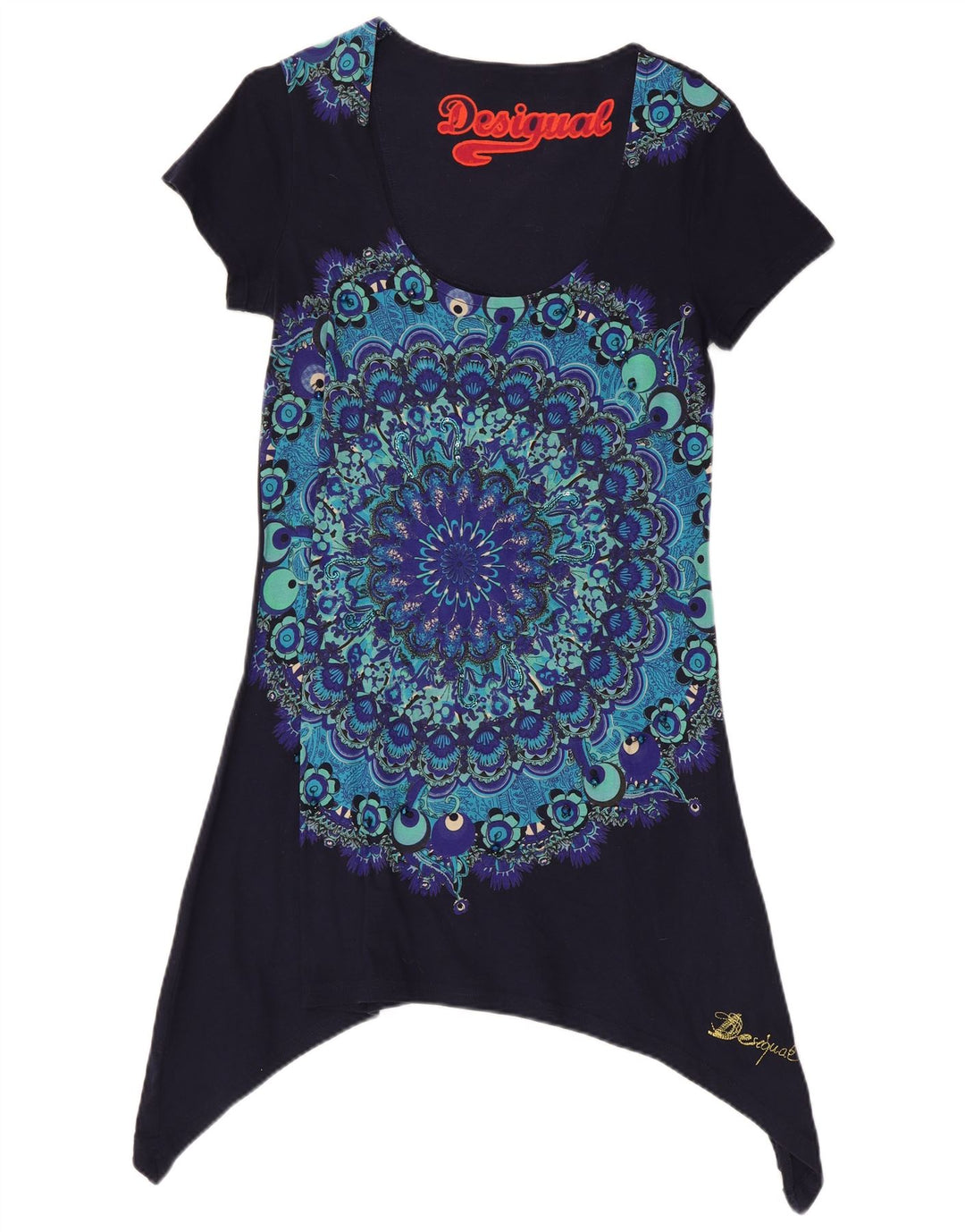 Desigual Donna Tunica Asimmetrica Top UK 14 Grande Blu Navy Floreale