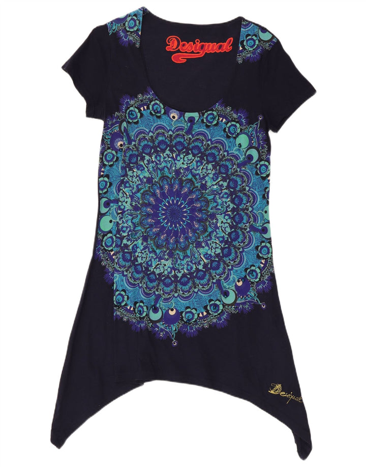 Desigual Donna Tunica Asimmetrica Top UK 14 Grande Blu Navy Floreale