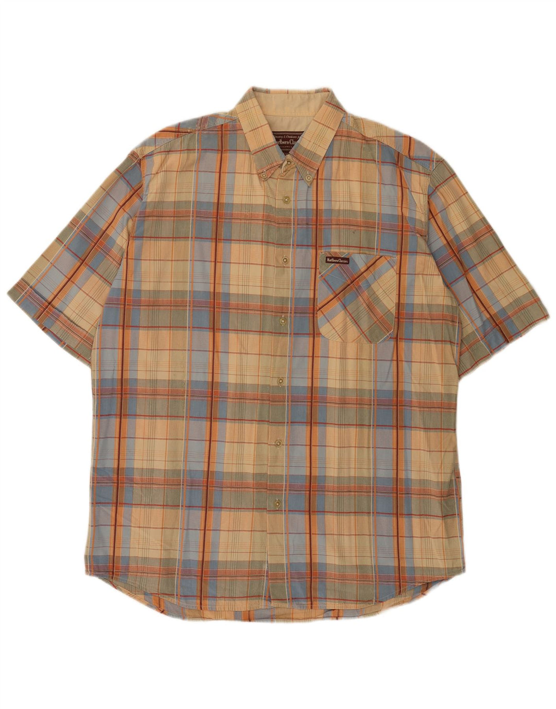 Camicia a maniche corte da uomo Marlboro Classics XL in cotone a quadri beige