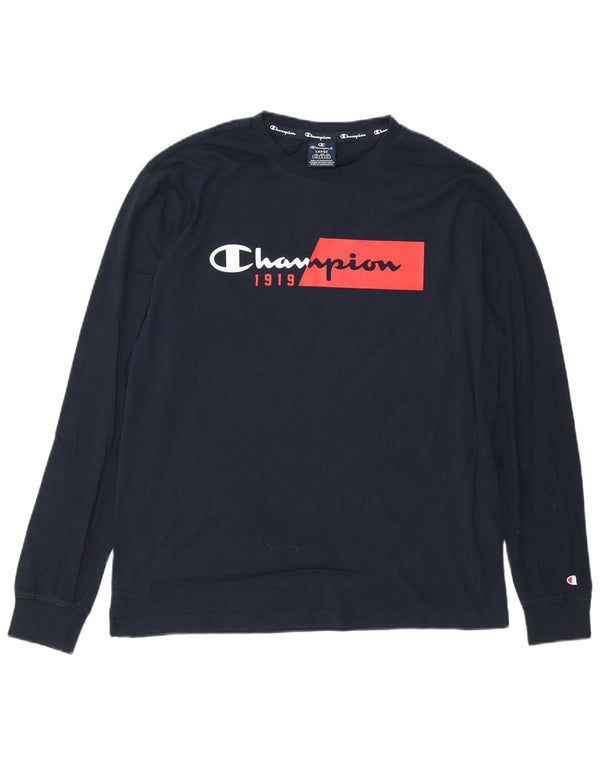 CHAMPION Top grafico da uomo a maniche lunghe grande in cotone blu navy