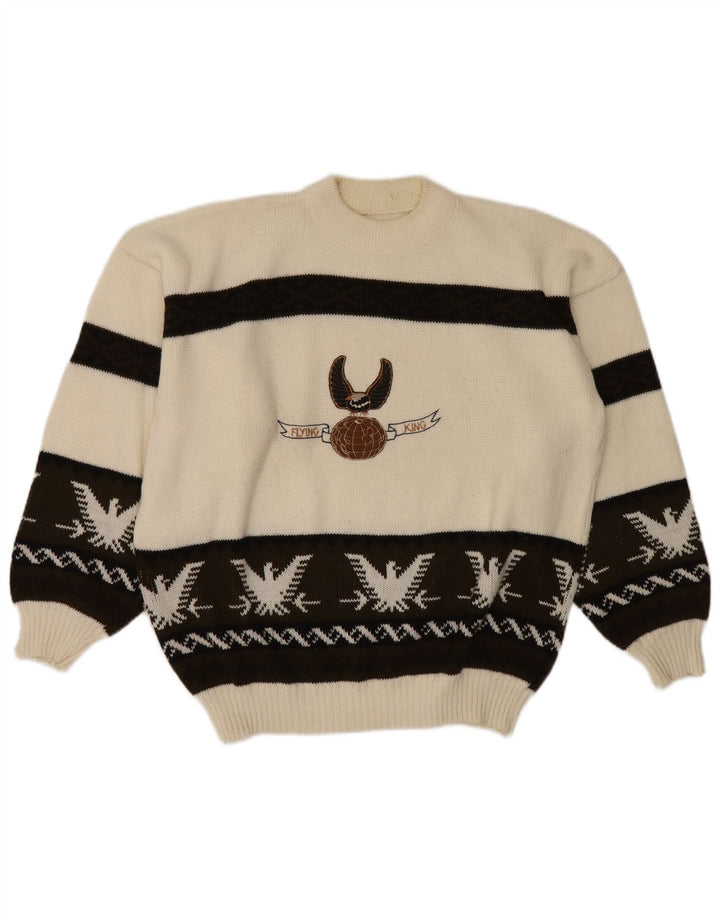 Maglione da uomo vintage con collo alto e grafica, grande Fair Isle bianco