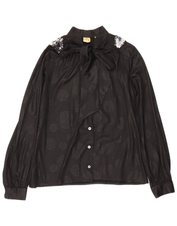 Camicetta da donna vintage con cravatta sul davanti IT 46 grande pois nero