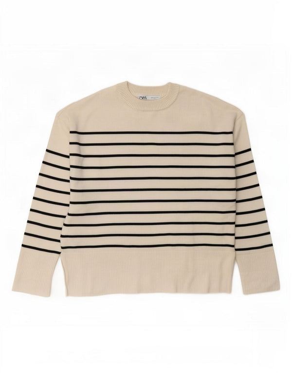 Maglione maglione girocollo da donna Zara UK 10 piccolo a righe bianco sporco