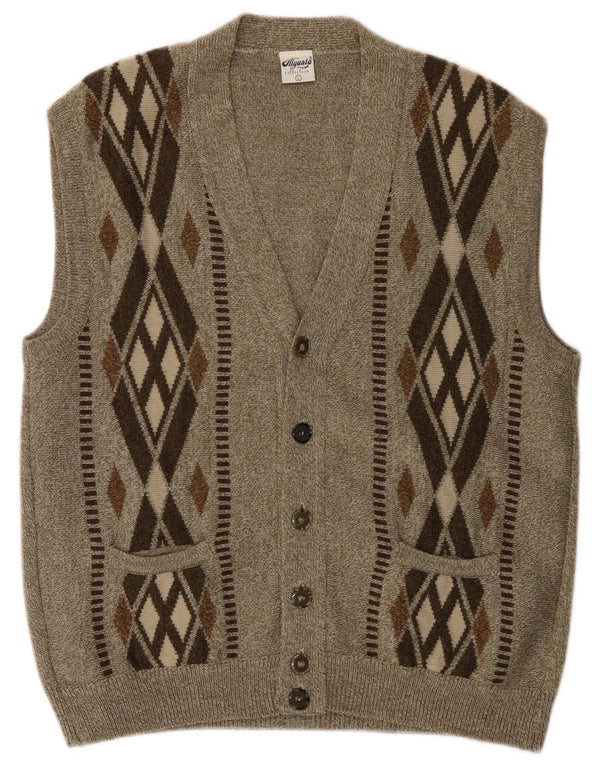 Maglione cardigan senza maniche vintage da uomo grande kaki argyle/diamante acrilico