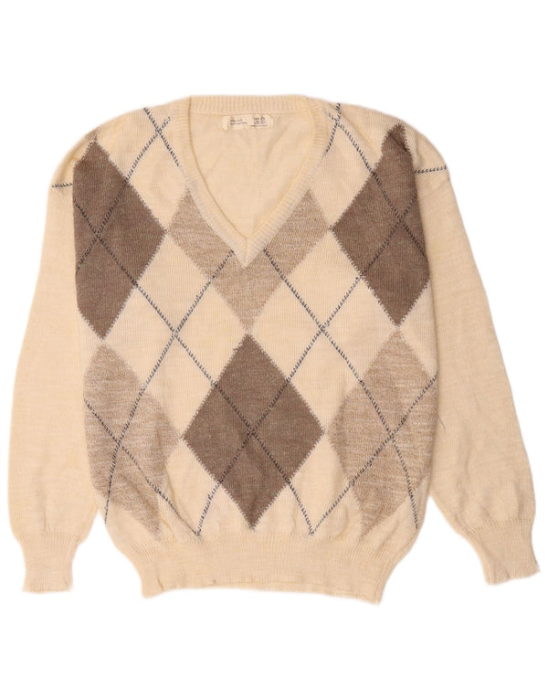Maglione vintage da uomo con scollo a V XL lino bianco a rombi/diamante