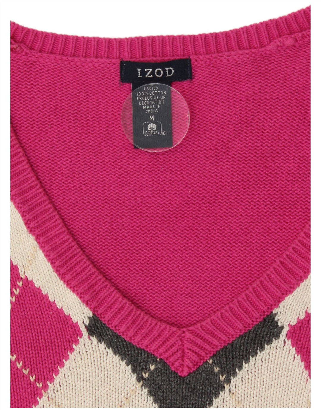Maglione da donna con scollo a V Izod, rosa medio, cotone a rombi/diamante