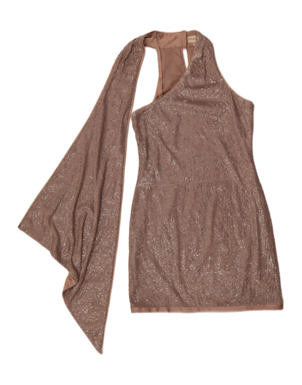 Karen Millen Abito aderente da donna con paillettes monospalla UK 10 Piccolo Beige
