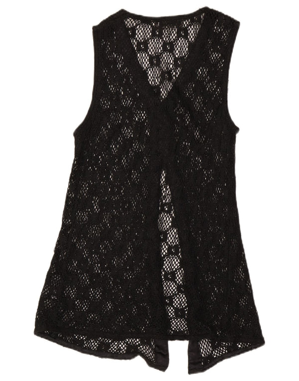 Top cardigan trasparente senza maniche da donna vintage UK 12 medio nero