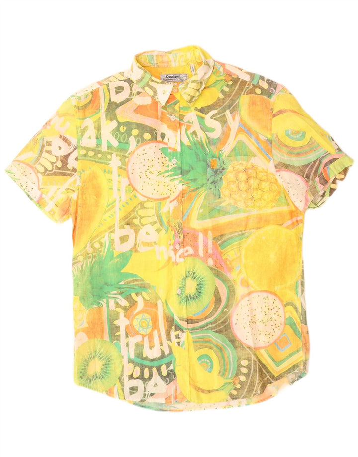 Desigual Camicia da uomo a maniche corte con motivo astratto, grande, in cotone giallo