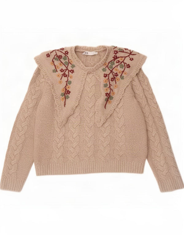 Maglione maglione girocollo da donna Zara UK 14 grande floreale beige
