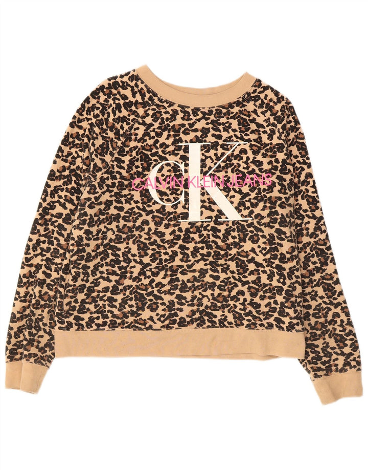 Calvin Klein Jeans Donna Felpa Maglione UK 14 Beige Medio Stampa Animalier