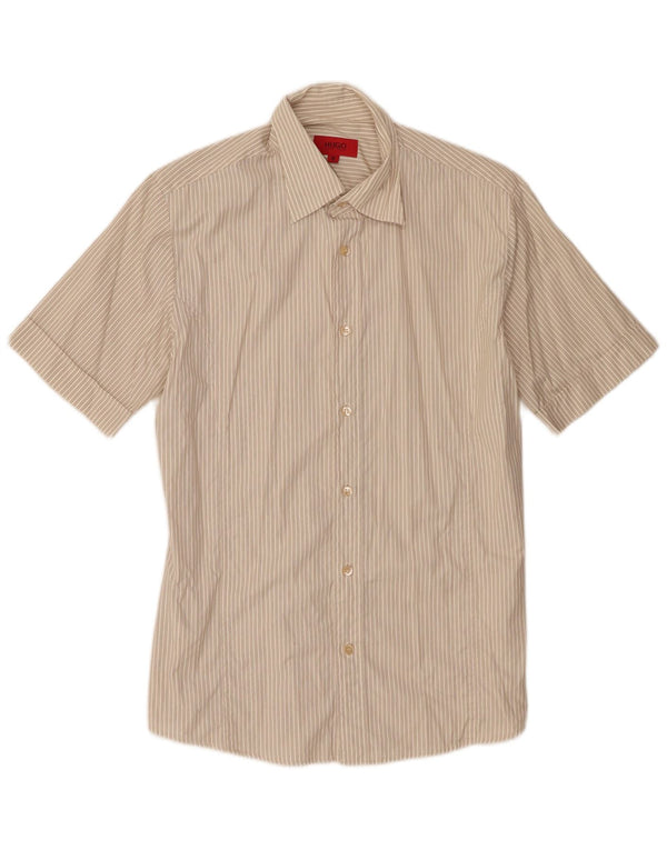 Camicia a maniche corte da uomo Hugo Boss in cotone a righe beige medio