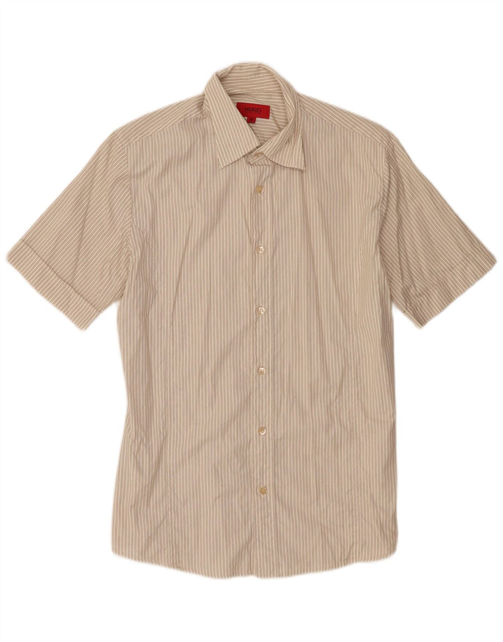 Camicia a maniche corte da uomo Hugo Boss in cotone a righe beige medio