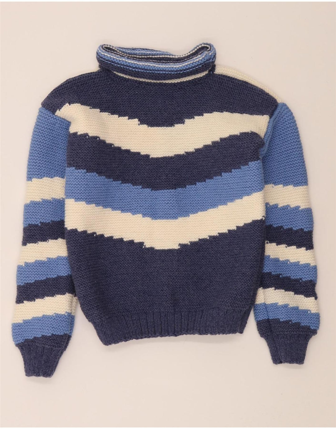 VINTAGE Womens Roll Neck Jumper Sweater UK 14 Medium Blue Striped Vintage Vintage and Second-Hand Vintage from Messina Hembry 