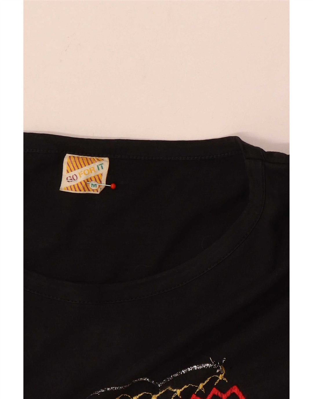 Top grafico da donna vintage manica 3/4 UK 14 cotone nero medio