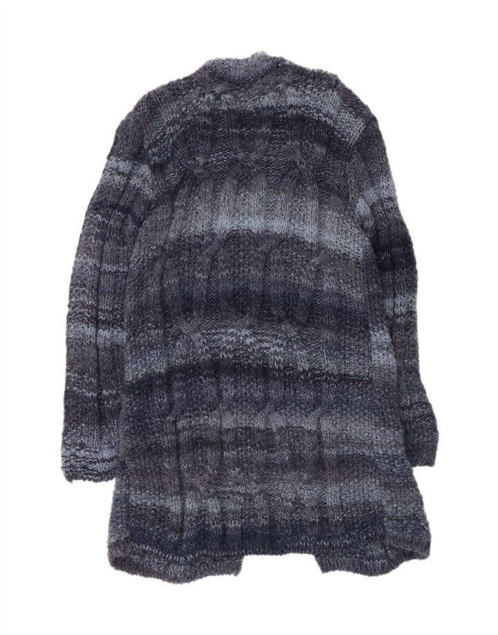 Maglione cardigan lungo da donna vintage UK 12 a righe blu medio