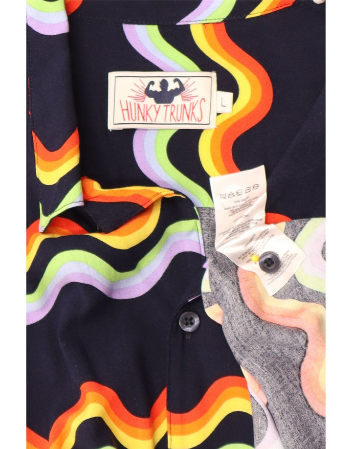Camicia vintage da uomo a maniche corte grande in viscosa Chevron blu navy