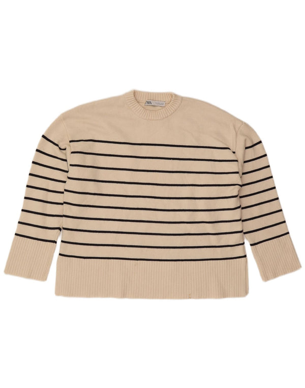 Maglione maglione girocollo da donna Zara UK 14 Viscosa a righe bianco sporco medio