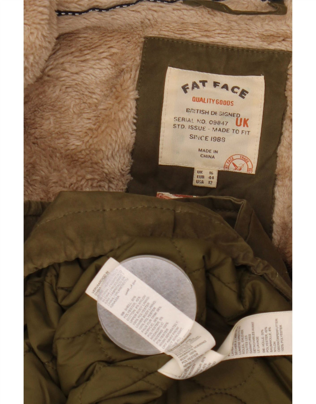 Giacca parka con cappuccio da donna FAT FACE UK 16 grande poliestere kaki