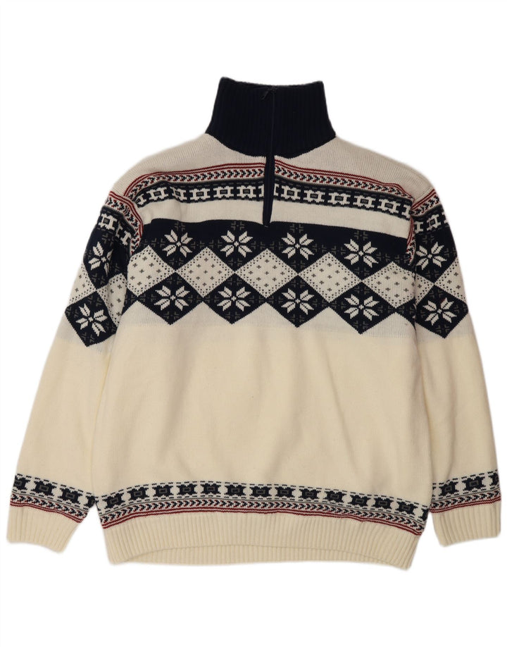 Maglione vintage da uomo con zip e collo, grande, in poliacrilico bianco Fair Isle