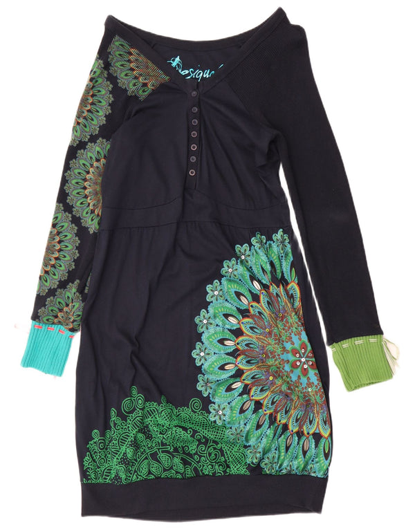Desigual Abito a maniche lunghe da donna a maniche lunghe UK 14 Grande motivo cachemire blu navy