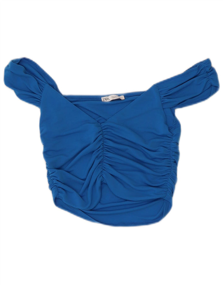 Top corto da donna con spalle scoperte Zara UK 8 piccolo poliestere blu