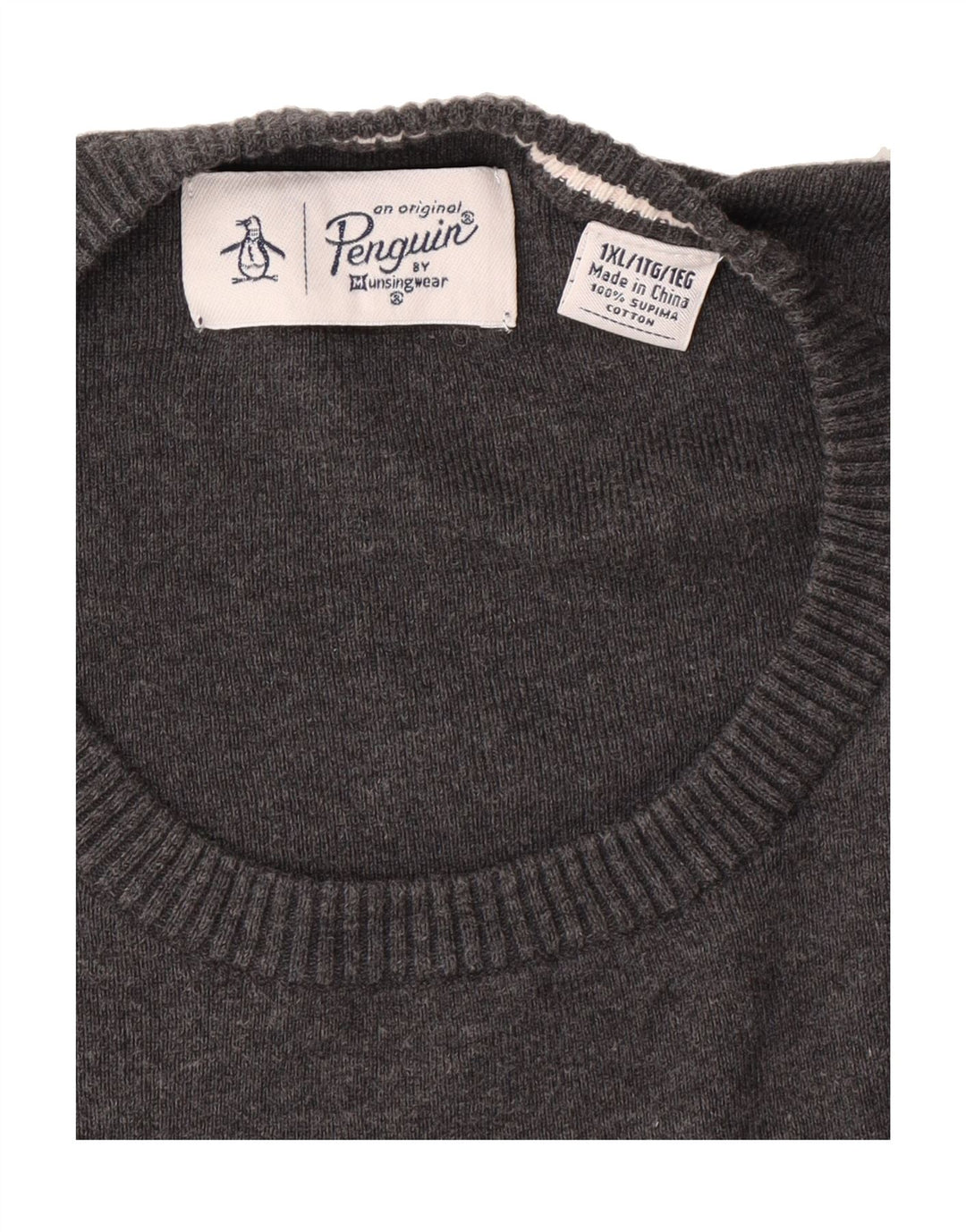 PENGUIN Mens Crew Neck Jumper Sweater XL Grey Striped Cotton Vintage Penguin and Second-Hand Penguin from Messina Hembry 