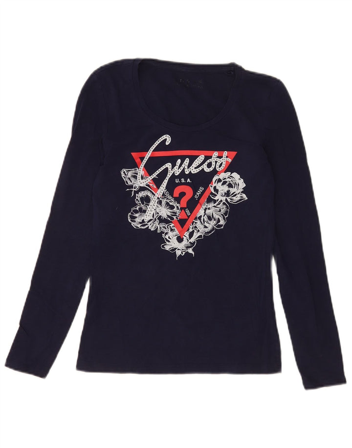 Guess Top grafico da donna a maniche lunghe UK 4 XS Blu navy