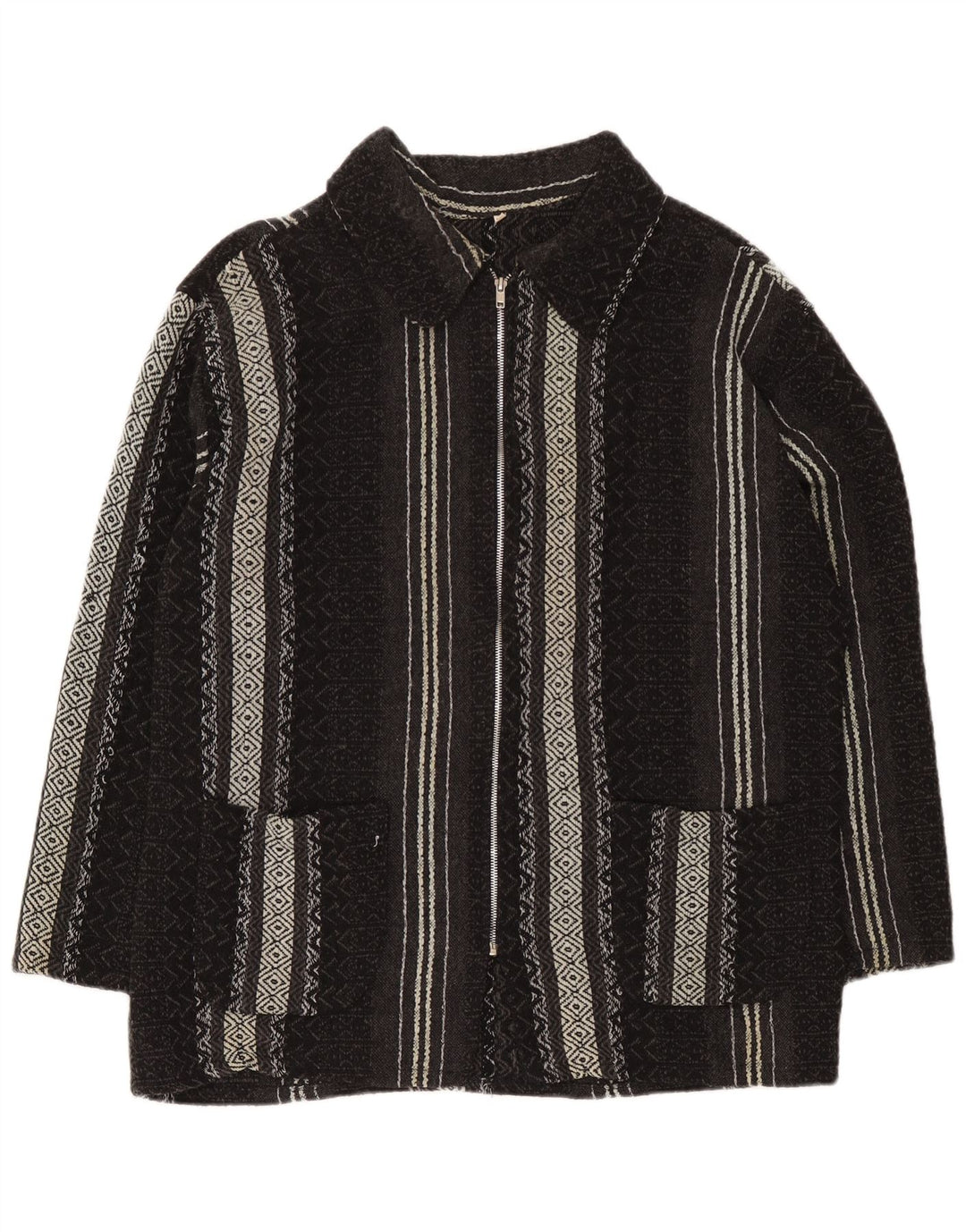 Maglione cardigan da uomo vintage XL lana geometrica nera azteca