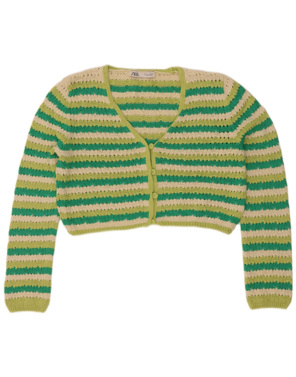 Maglione cardigan corto da donna Zara UK 16 cotone a righe verdi grandi
