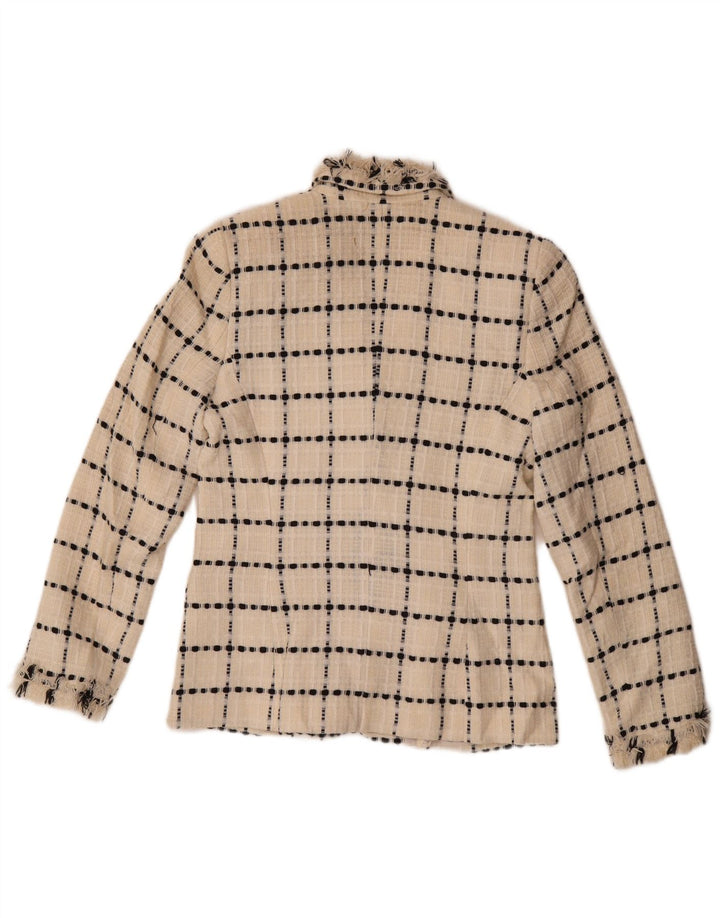 Giacca blazer vintage da donna a 3 bottoni UK 10 piccola lana a quadri bianco sporco