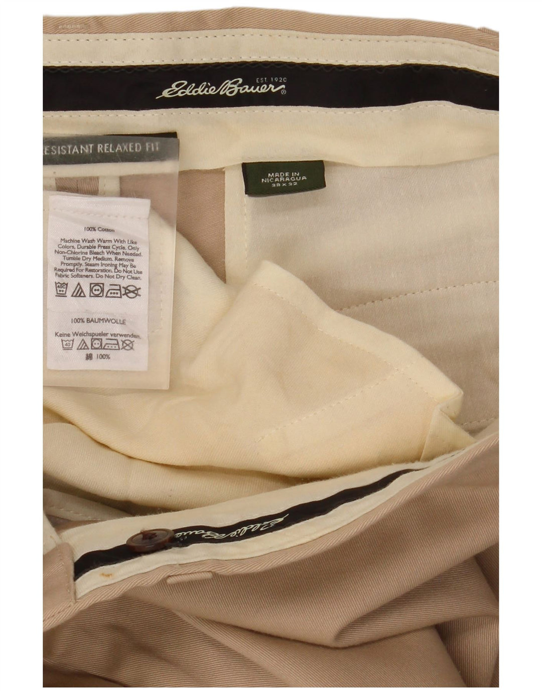 Pantaloni chino da uomo dalla vestibilità comoda EDDIE BAUER W38 L32 in cotone beige