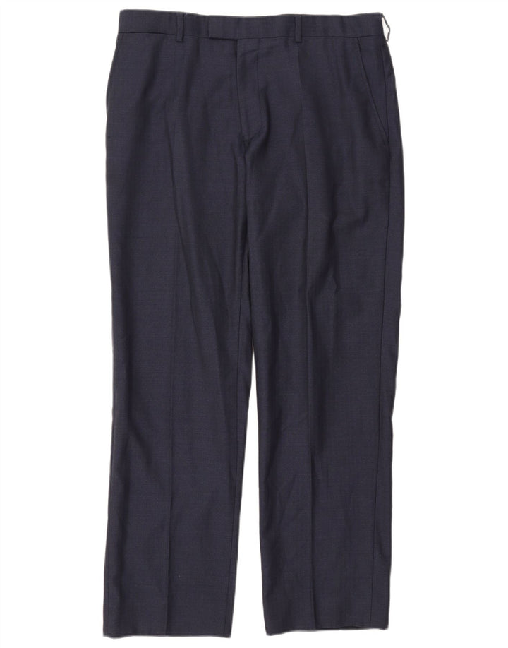 Pantaloni da abito dritti da donna JAEGER W34 L30 in lana blu navy