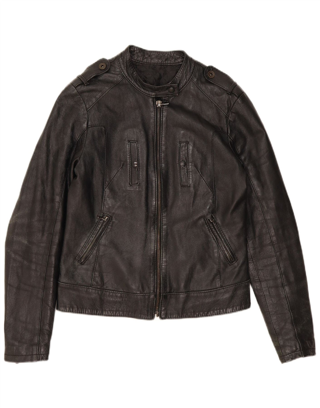 Giacca da motociclista in pelle da donna vintage UK 12 Pelle nera media
