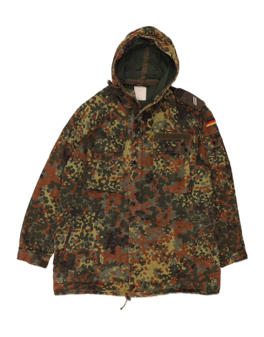 Giacca militare vintage da uomo con cappuccio UK 40 grande mimetica kaki